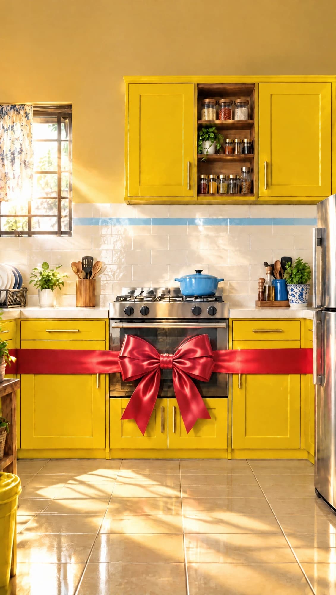 A bright yellow kitchen tied with a big red ribbon bow, ready to be given